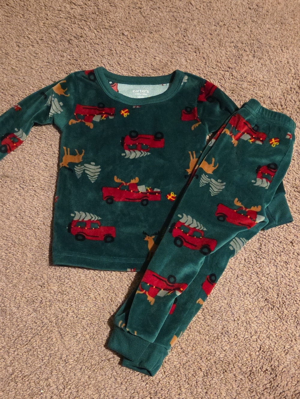 Carter's Green Holiday Truck Pajama Set with Red Truck Print